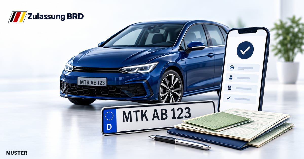 Online Fahrzeugzulassung in Main-Taunus-Kreis: Musterkennzeichen MTK AB 123, Auto und Fahrzeugpapiere und Smartphone. Illustration mit Logo von Zulassung BRD.